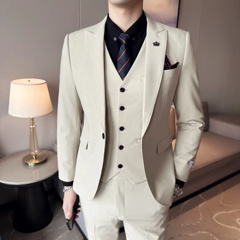 (Сако + панталон + елек) Луксозен мъжки сватбен костюм от 3 теми, модни мъжки приталенная яке, бизнес офис костюми, комплекти голям размер 4XL