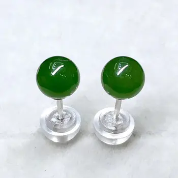 Сега сребро 925 проба, обеци-на карамфил с кръгли топки от естествен зелен нефрит 6 мм