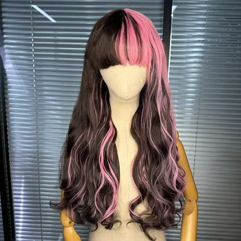 Синтетични перука розов цвят AIVA Коса С бретон, Евтини Напълно Преработени Термоустойчиви синтетични перуки за cosplay за черни жени 180%