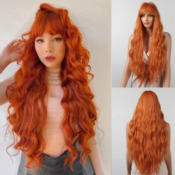 Синтетични перуки с дълга вълна вода, извратени светло оранжево-червен перука с бретон за черно-бели жени, cosplay на Хелоуин, топлоустойчиви