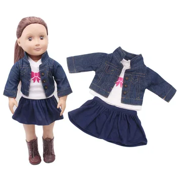 Синьо-бял комплект модни дрехи за 18 инча. Тоалети за кукли American Кукла Момиче, деним яке, топ и пола за кукли 43 см, аксесоари за кукли-бебета