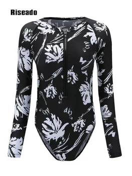 Спортни бански костюми с рашгардом с дълъг ръкав, дамски 2023, едно парче бански, бански с флорални принтом, плажно облекло (UPF 50 +)