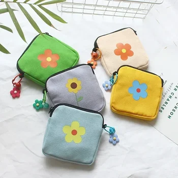 Чанта за съхранение с цветя модел във формата на сърце с голям капацитет, симпатичен платно обикновен прост кратък портфейл с цип